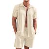 COOFANDY Men’s 2 Piece Short Set Cuban Guayabera Shirts Short Sleeve Casual Beach Outfits Set(Khaki)