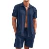COOFANDY Men’s 2 Piece Short Set Cuban Guayabera Shirts Short Sleeve Casual Beach Outfits Set(Navy Blue)