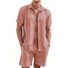 COOFANDY Men’s 2 Piece Short Set Cuban Guayabera Shirts Short Sleeve Casual Beach Outfits Set(Pink)