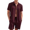 COOFANDY Men’s 2 Piece Short Set Cuban Guayabera Shirts Short Sleeve Casual Beach Outfits Set(Wine Red)