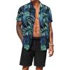 COOFANDY Men’s 2 Piece Summer Beach Outfits Tropical Short Sleeve Button Down Shirts and Shorts Hawaiian Vacation Sets(Leaf Blue Black)