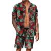 COOFANDY Men’s 2 Piece Summer Beach Outfits Tropical Short Sleeve Button Down Shirts and Shorts Hawaiian Vacation Sets(Leaf Green Red)