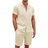 COOFANDY Men’s 2 Pieces Casual Beach Outfits Short Sleeve Button Down Shirts Summer Short Set(Beige)
