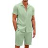 COOFANDY Men’s 2 Pieces Casual Beach Outfits Short Sleeve Button Down Shirts Summer Short Set(Light Green)