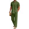 COOFANDY Men’s 2 Pieces Cotton Linen Set Casual Short Sleeve Henley Shirts Beach Yoga Pants Summer Outfits(Army Green)