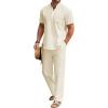 COOFANDY Men’s 2 Pieces Cotton Linen Set Casual Short Sleeve Henley Shirts Beach Yoga Pants Summer Outfits(Beige)