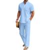 COOFANDY Men’s 2 Pieces Cotton Linen Set Casual Short Sleeve Henley Shirts Beach Yoga Pants Summer Outfits(Blue)