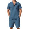 COOFANDY Men’s 2 Pieces Cotton Linen Set Casual Short Sleeve Henley Shirts Beach Yoga Pants Summer Outfits(Denim Blue)