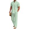 COOFANDY Men’s 2 Pieces Cotton Linen Set Casual Short Sleeve Henley Shirts Beach Yoga Pants Summer Outfits(Green)