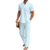 COOFANDY Men’s 2 Pieces Cotton Linen Set Casual Short Sleeve Henley Shirts Beach Yoga Pants Summer Outfits(Light Blue)