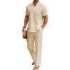 COOFANDY Men’s 2 Pieces Cotton Linen Set Casual Short Sleeve Henley Shirts Beach Yoga Pants Summer Outfits(Light Khaki)