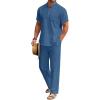 COOFANDY Men’s 2 Pieces Cotton Linen Set Casual Short Sleeve Henley Shirts Beach Yoga Pants Summer Outfits(Light Navy)