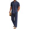 COOFANDY Men’s 2 Pieces Cotton Linen Set Casual Short Sleeve Henley Shirts Beach Yoga Pants Summer Outfits(Navy Blue)