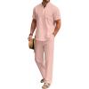 COOFANDY Men’s 2 Pieces Cotton Linen Set Casual Short Sleeve Henley Shirts Beach Yoga Pants Summer Outfits(Pink)