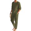 COOFANDY Men’s 2 Pieces Cotton Linen Set Henley Shirt Long Sleeve and Casual Beach Pants Summer Yoga Outfits(Army Green)