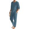 COOFANDY Men’s 2 Pieces Cotton Linen Set Henley Shirt Long Sleeve and Casual Beach Pants Summer Yoga Outfits(Deep Blue)