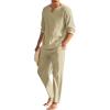COOFANDY Men’s 2 Pieces Cotton Linen Set Henley Shirt Long Sleeve and Casual Beach Pants Summer Yoga Outfits(Khaki)
