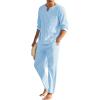 COOFANDY Men’s 2 Pieces Cotton Linen Set Henley Shirt Long Sleeve and Casual Beach Pants Summer Yoga Outfits(Light Blue)