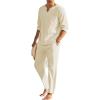 COOFANDY Men’s 2 Pieces Cotton Linen Set Henley Shirt Long Sleeve and Casual Beach Pants Summer Yoga Outfits(Light Khaki)