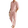 COOFANDY Men’s 2 Pieces Cotton Linen Set Henley Shirt Long Sleeve and Casual Beach Pants Summer Yoga Outfits(Pink)