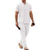 COOFANDY Mens 2 Pieces Cotton Linen Sets Short Sleeve Casual Henley Shirt Summer Beach Pants Lounge Vacation Outfits Set(A-white)