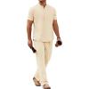 COOFANDY Mens 2 Pieces Cotton Linen Sets Short Sleeve Casual Henley Shirt Summer Beach Pants Lounge Vacation Outfits Set(Beige)