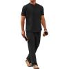 COOFANDY Mens 2 Pieces Cotton Linen Sets Short Sleeve Casual Henley Shirt Summer Beach Pants Lounge Vacation Outfits Set(Black)