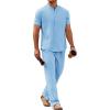 COOFANDY Mens 2 Pieces Cotton Linen Sets Short Sleeve Casual Henley Shirt Summer Beach Pants Lounge Vacation Outfits Set(Light Blue)