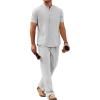 COOFANDY Mens 2 Pieces Cotton Linen Sets Short Sleeve Casual Henley Shirt Summer Beach Pants Lounge Vacation Outfits Set(Light Grey)