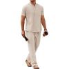 COOFANDY Mens 2 Pieces Cotton Linen Sets Short Sleeve Casual Henley Shirt Summer Beach Pants Lounge Vacation Outfits Set(Light Khaki)
