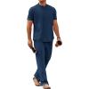 COOFANDY Mens 2 Pieces Cotton Linen Sets Short Sleeve Casual Henley Shirt Summer Beach Pants Lounge Vacation Outfits Set(Navy Blue)