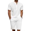 COOFANDY Men’s 2 Pieces Linen Set Casual Henley Shirts Short Sleeve Beach Yoga Shorts Summer Pants Outfits(01-white)
