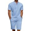 COOFANDY Men’s 2 Pieces Linen Set Casual Henley Shirts Short Sleeve Beach Yoga Shorts Summer Pants Outfits(Blue)