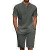 COOFANDY Men’s 2 Pieces Linen Set Casual Henley Shirts Short Sleeve Beach Yoga Shorts Summer Pants Outfits(Dark Grey)