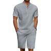 COOFANDY Men’s 2 Pieces Linen Set Casual Henley Shirts Short Sleeve Beach Yoga Shorts Summer Pants Outfits(Grey)
