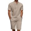 COOFANDY Men’s 2 Pieces Linen Set Casual Henley Shirts Short Sleeve Beach Yoga Shorts Summer Pants Outfits(Khaki)