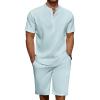 COOFANDY Men’s 2 Pieces Linen Set Casual Henley Shirts Short Sleeve Beach Yoga Shorts Summer Pants Outfits(Light Blue)