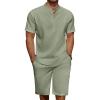 COOFANDY Men’s 2 Pieces Linen Set Casual Henley Shirts Short Sleeve Beach Yoga Shorts Summer Pants Outfits(Light Green)
