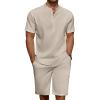 COOFANDY Men’s 2 Pieces Linen Set Casual Henley Shirts Short Sleeve Beach Yoga Shorts Summer Pants Outfits(Light Khaki)