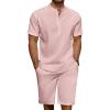 COOFANDY Men’s 2 Pieces Linen Set Casual Henley Shirts Short Sleeve Beach Yoga Shorts Summer Pants Outfits(Pink)