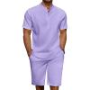 COOFANDY Men’s 2 Pieces Linen Set Casual Henley Shirts Short Sleeve Beach Yoga Shorts Summer Pants Outfits(Purple)