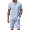 COOFANDY Men’s 2 Pieces Set Short Sleeve Henley Shirts and Shorts Pants Texture Summer Beach Vacation Outfits(A-flecking Blue)