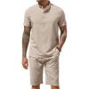COOFANDY Men’s 2 Pieces Set Short Sleeve Henley Shirts and Shorts Pants Texture Summer Beach Vacation Outfits(Khaki)