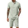 COOFANDY Men’s 2 Pieces Set Short Sleeve Henley Shirts and Shorts Pants Texture Summer Beach Vacation Outfits(Light Green)