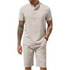 COOFANDY Men’s 2 Pieces Set Short Sleeve Henley Shirts and Shorts Pants Texture Summer Beach Vacation Outfits(Stone)