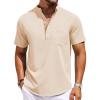 COOFANDY Mens Casual Henley Shirts Band Collar Short Sleeve T-Shirts Summer Stylish Beach Hippie Shirt(Beige)