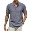 COOFANDY Men’s Casual Linen Henley Shirts Short Sleeve Band Collar Summer Beach Vacation T-Shirts(Dark Heather Blue)