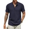 COOFANDY Men’s Casual Linen Henley Shirts Short Sleeve Band Collar Summer Beach Vacation T-Shirts(Navy Blue)