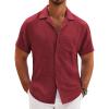 COOFANDY Mens Casual Linen Shirt Short Sleeve Button Down Shirt Summer Beach Hawaiian Shirts(Burgundy)