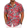 COOFANDY Mens Casual Linen Shirt Short Sleeve Button Down Shirt Summer Beach Hawaiian Shirts(Leaves-red)